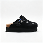 Birkenstock Boston Platform | Black Suede + White Starburst Embroidery + Chunky Sole, Unisex Trendy Clogs, Gothic & Streetwear Style Slip-Ons