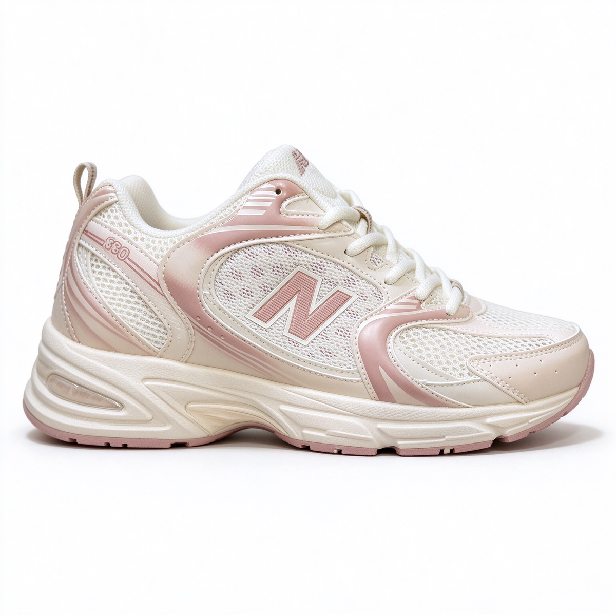 New Balance Classic retro running sneakers 530 off white light pink colorway, unisex dad sneakers, especially popular for ladies.