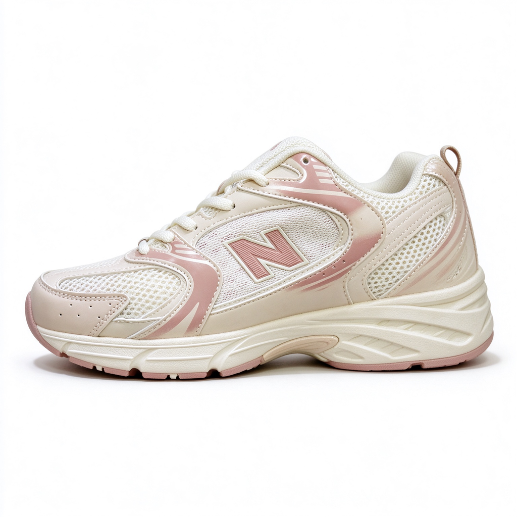 New Balance Classic retro running sneakers 530 off white light pink colorway, unisex dad sneakers, especially popular for ladies.