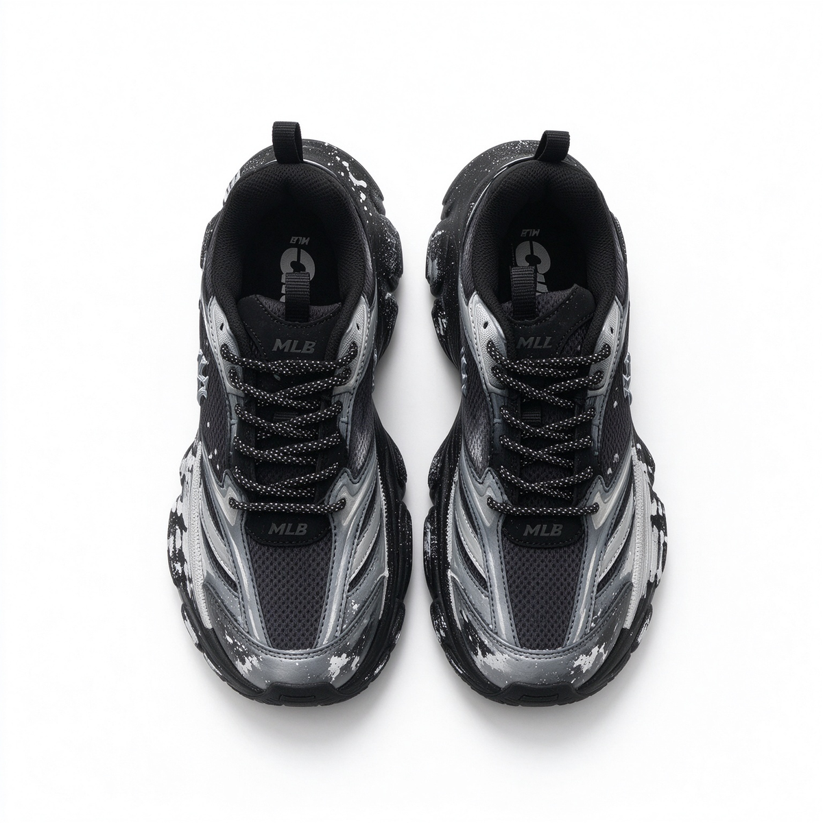 MLB Big Ball Chunky New York Yankees Sneakers | Black Silver Marble Splash | 6cm Platform Dad Shoes | Unisex Streetwear