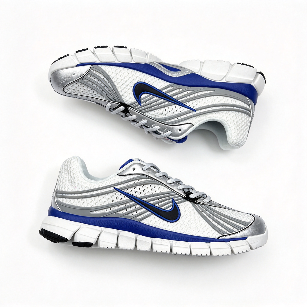 Nike Zoom Skylon 11 Men's Running Shoes | White/Metallic Silver/Dark Blue/Black | Air Zoom cushioning + breathable mesh upper | Y2K retro style | Lightweight and flexible | A popular choice for road running and street style