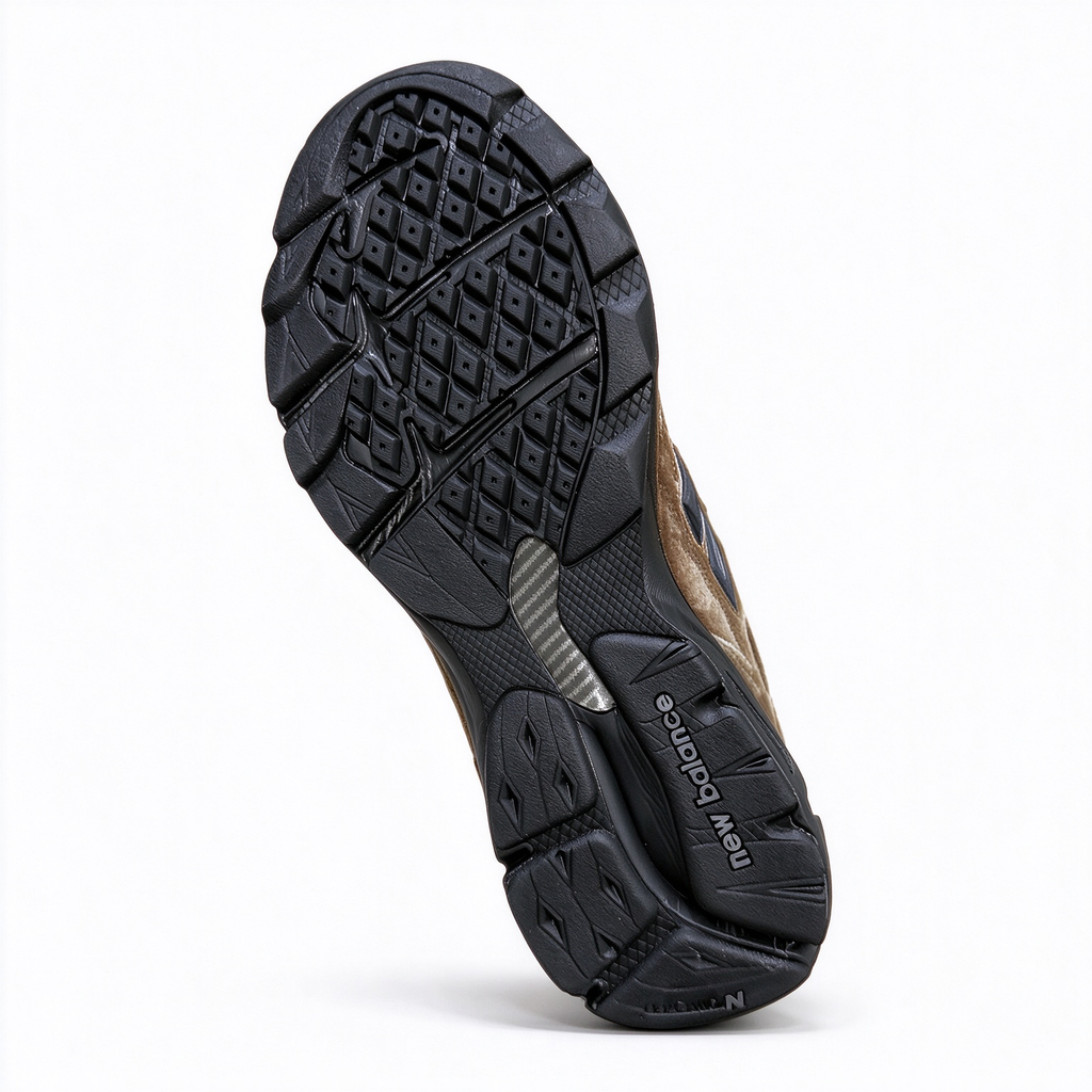 JJJJound x New Balance 990v3 classic collaboration model, Made in USA style. Premium brown suede matched with breathable mesh fabric, iconic dark black overlay, low-key vintage aesthetic, highly versatile for streetwear outfits.