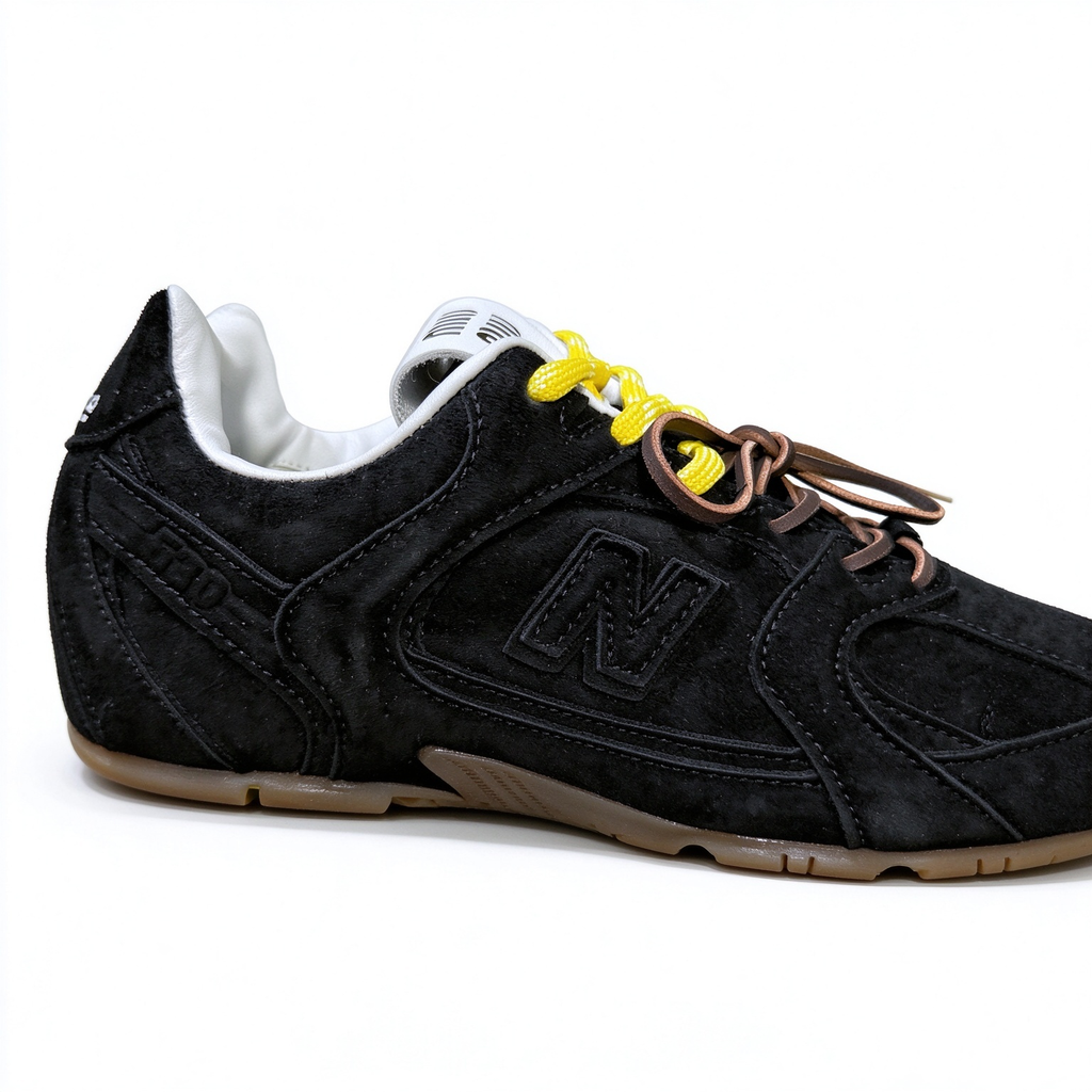 Miu Miu x New Balance 530 SL 2026 Collaboration Sneakers | All Black Suede | Multi-Lace System (Yellow + Brown + Ivory) | Ultra-Thin Sole | Luxury Unisex Shoes