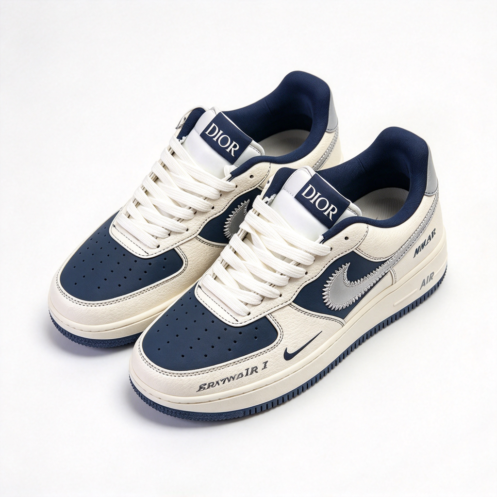 Nike Air Force 1 Low x Dior “Formula 1” | Limited Edition Luxury Sneakers | White & Navy Blue | Oblique Print Swoosh | Premium Leather | Unisex | Collector’s Item