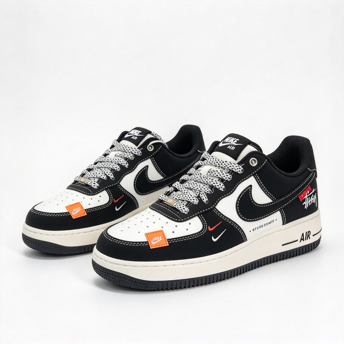 Nike Air Force 1 Low x Stussy x FOFDESIGNS Men's Sneakers | Black/White/Red/Orange Colorway | Premium Leather Upper + Air Sole Cushioning Technology | Streetwear Style Meets Collector's Edition | Customizable Laces and Hangtags | Lightweight and Durable