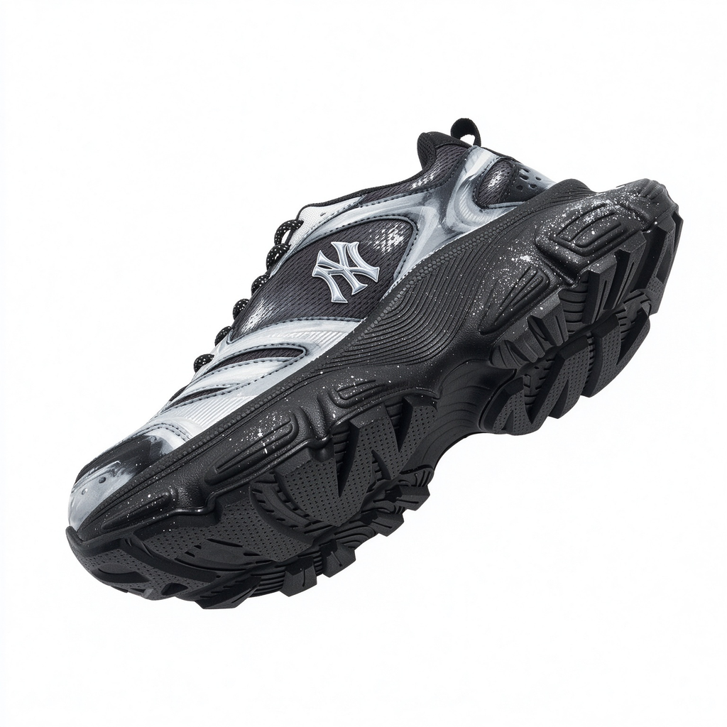 MLB Big Ball Chunky New York Yankees Sneakers | Black Silver Marble Splash | 6cm Platform Dad Shoes | Unisex Streetwear