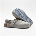 Birkenstock Boston Suede Clogs | Stone Grey + Tonal Grey Sole + Adjustable Strap, Unisex Minimalist Slip-On Shoes, Soft Footbed & Urban Comfort