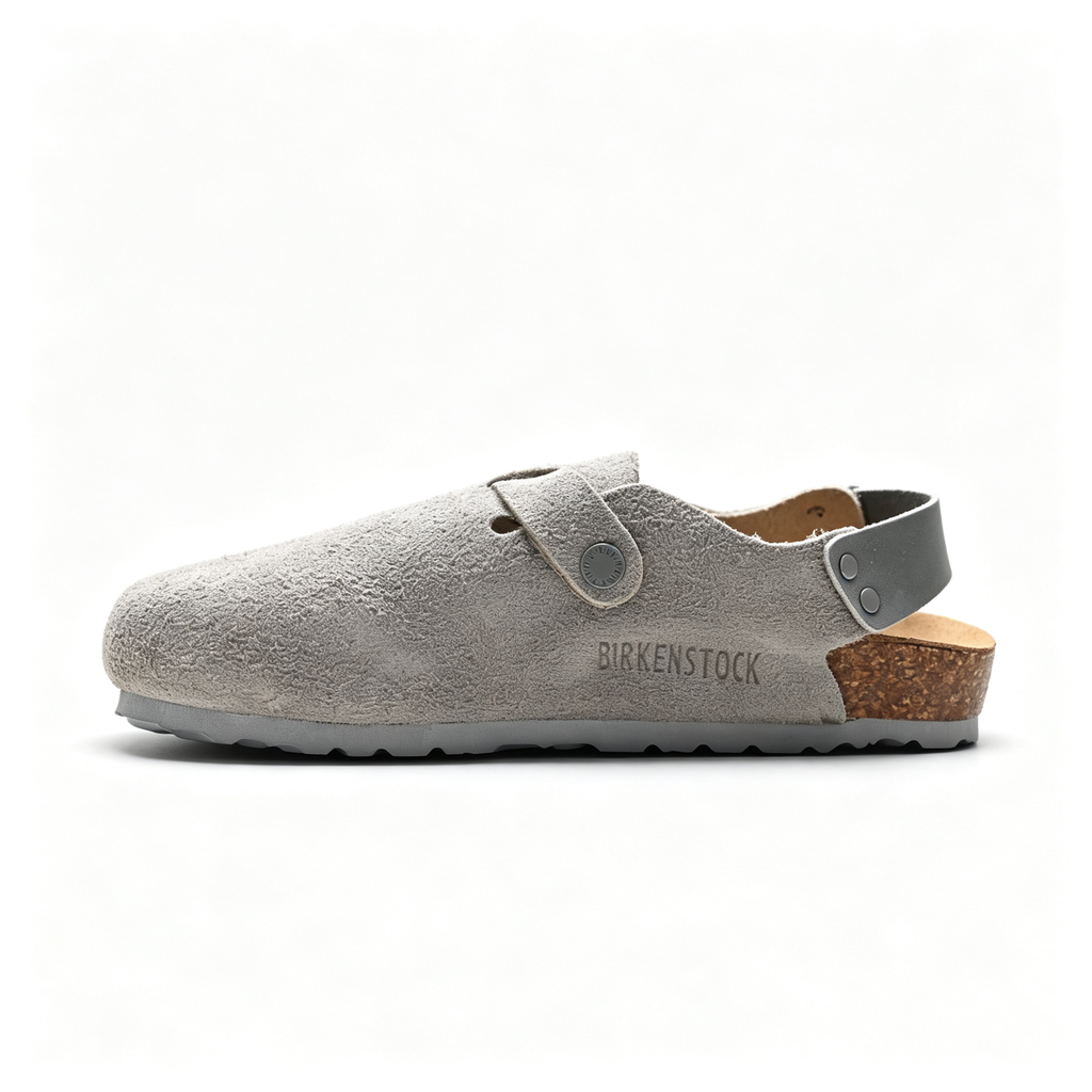 Birkenstock Boston Suede Clogs | Stone Grey + Tonal Grey Sole + Adjustable Strap, Unisex Minimalist Slip-On Shoes, Soft Footbed & Urban Comfort