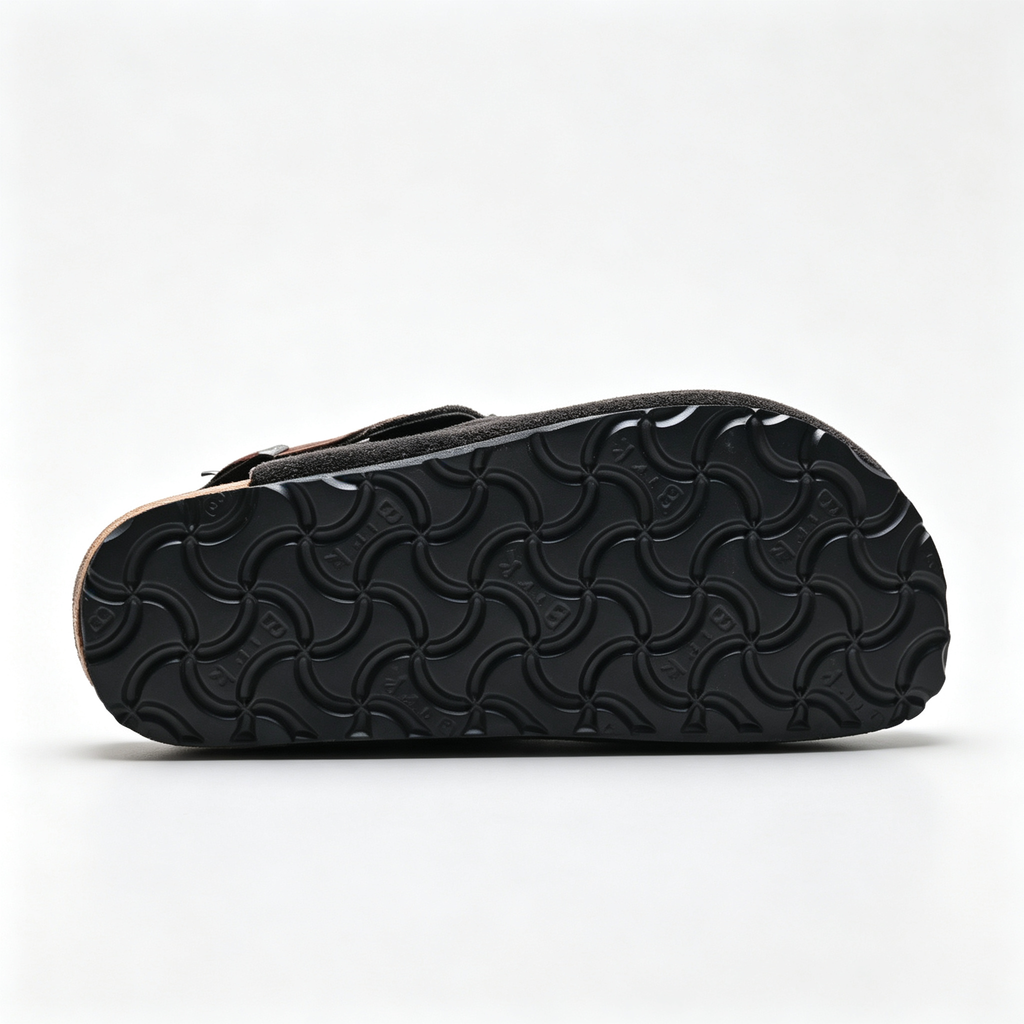 Birkenstock Boston Suede Clogs | Anthracite Grey + Brown Leather Strap + Textured Grip Sole, Unisex Retro Slip-On Shoes, Premium Comfort & Urban Style