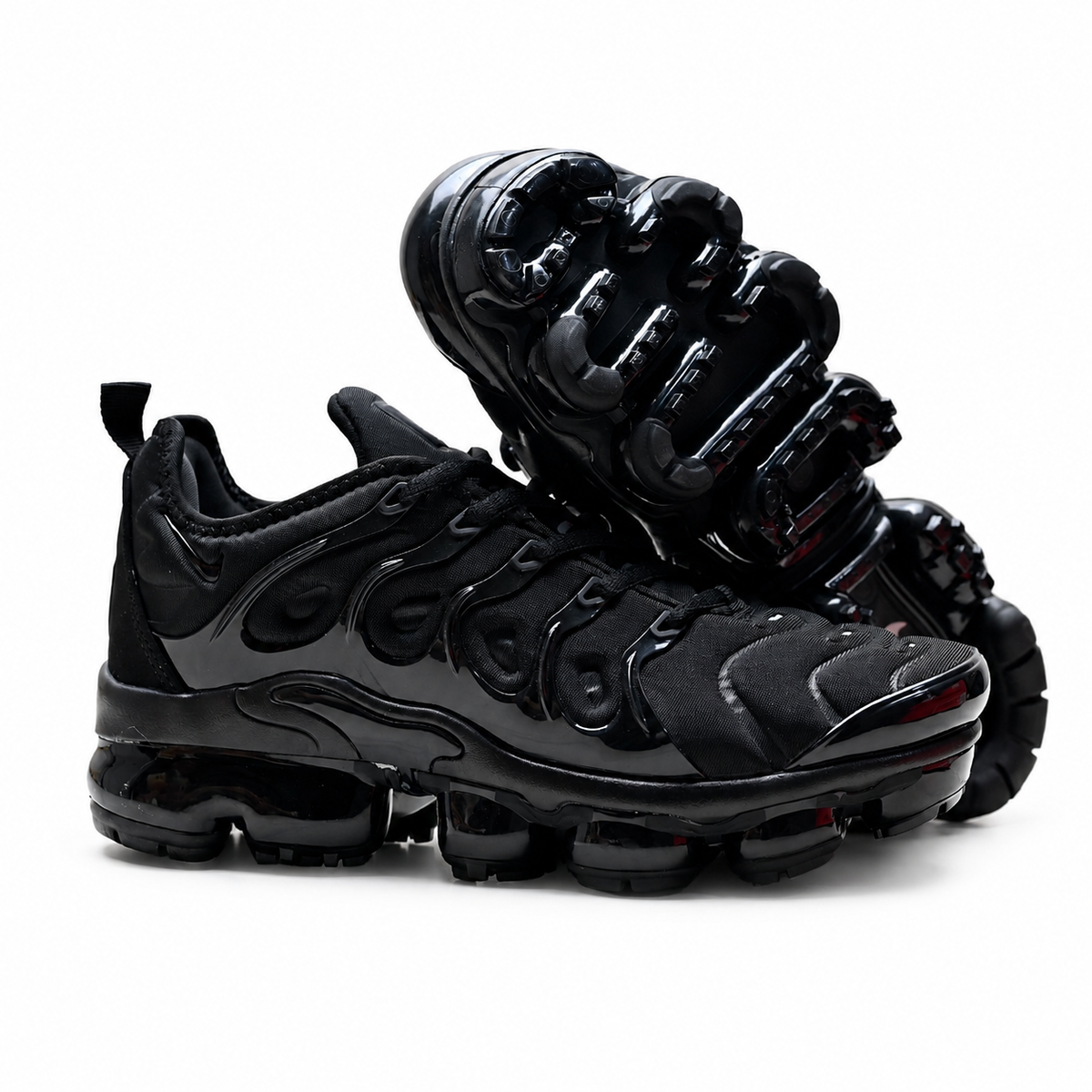 Nike Air VaporMax Plus | Triple Black Mesh + Glossy TPU Overlays + Full-Length VaporMax Cushioning, Men's Futuristic Running & Lifestyle Sneakers, Dark Aesthetic & All-Day Comfort
