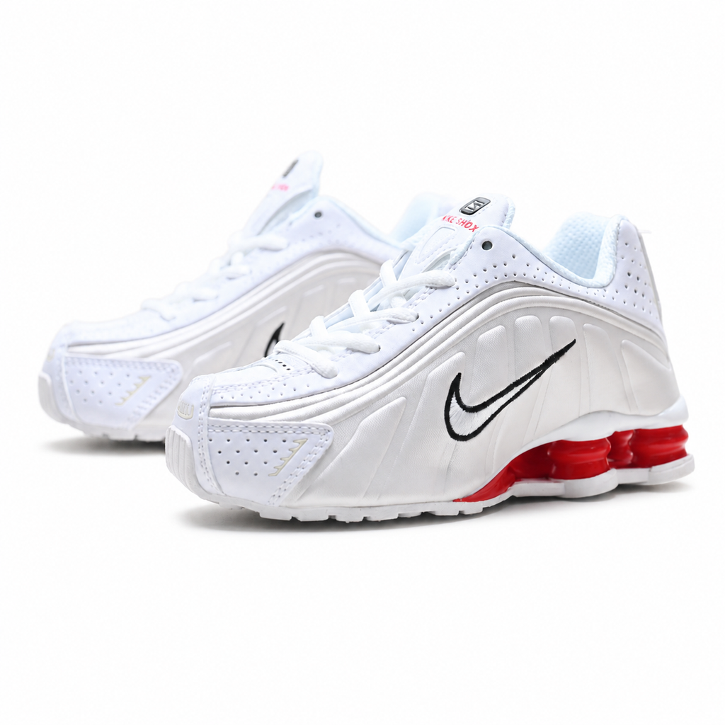 Nike Shox R4 White/Red | Retro running shoes in white red, and black + Shox cushioning + Y2K millennial style unisex chunky sneakers a hot trend for spring and summer