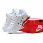Nike Shox R4 White/Red | Retro running shoes in white red, and black + Shox cushioning + Y2K millennial style unisex chunky sneakers a hot trend for spring and summer