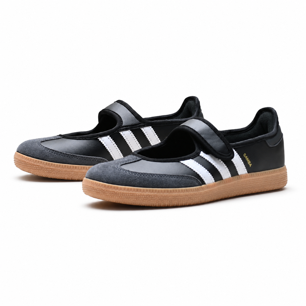 Adidas Originals Samba Jane Black and White Mary Jane with Velcro strap gum sole and three stripes women's retro German training shoes