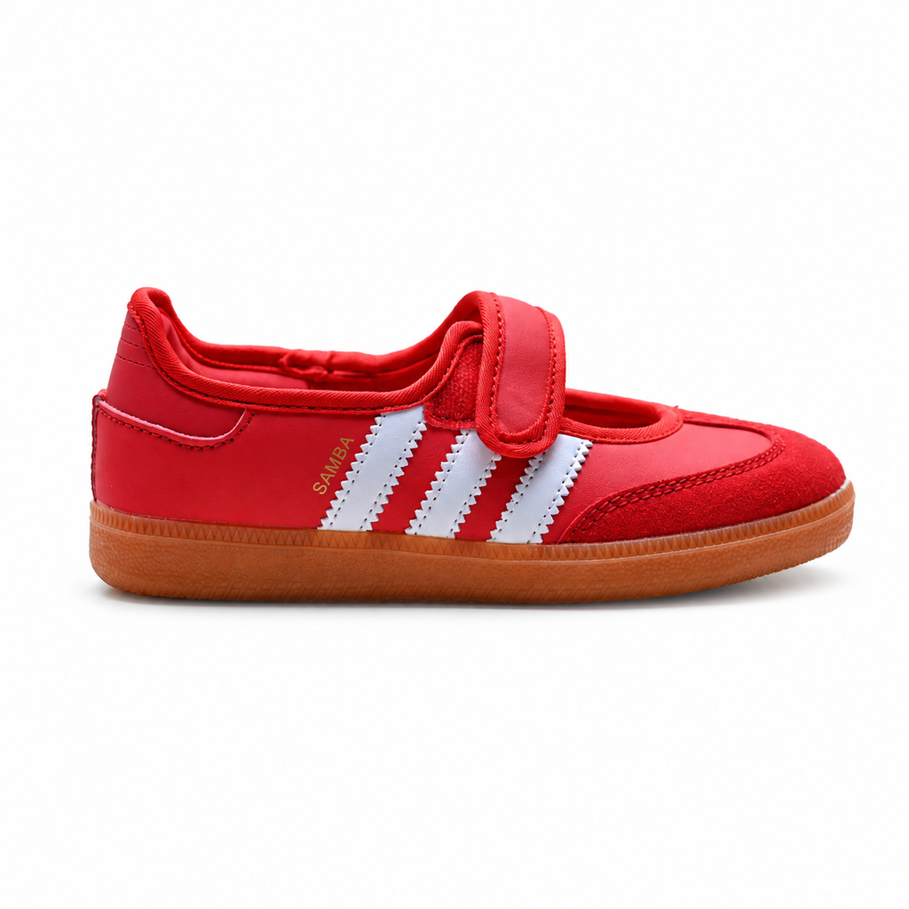 Adidas Originals Samba Jane W JQ6446 | Red Mary Jane style with Velcro straps, gum soles, and the iconic Three Stripes; a retro women's sneaker—a hit for Spring/Summer 2025.