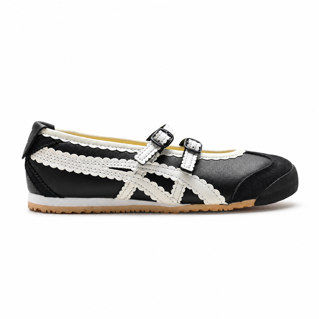 Onitsuka Tiger Mexico 66 Mary Jane | Black/White Scalloped Straps + Suede Leather + Gum Sole, Women's Balletcore Retro Sneakers, Unique Slip-On Design