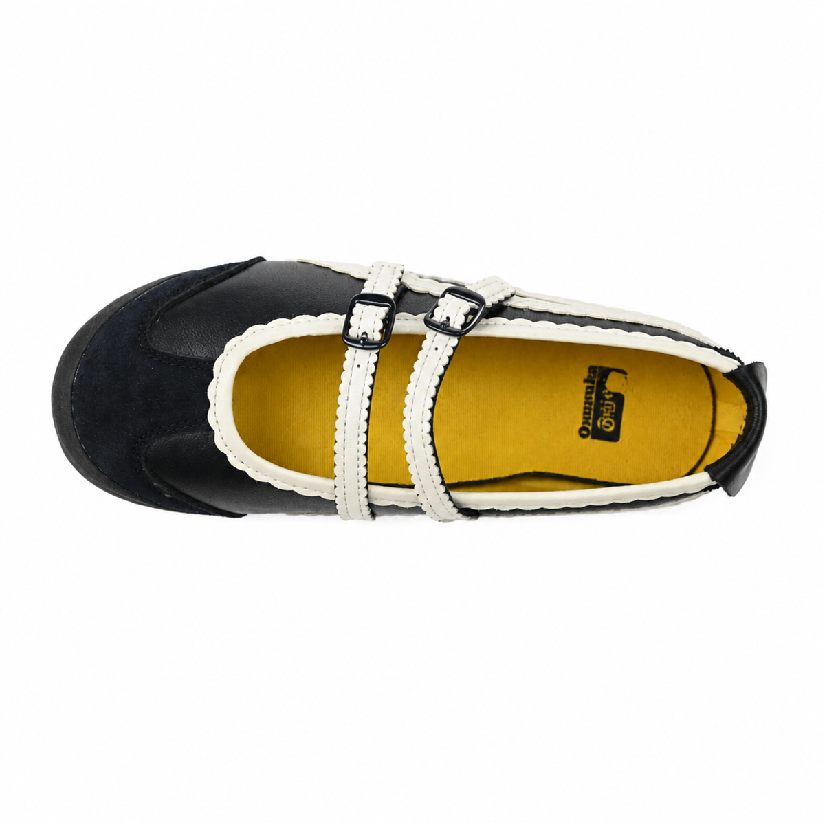 Onitsuka Tiger Mexico 66 Mary Jane | Black/White Scalloped Straps + Suede Leather + Gum Sole, Women's Balletcore Retro Sneakers, Unique Slip-On Design
