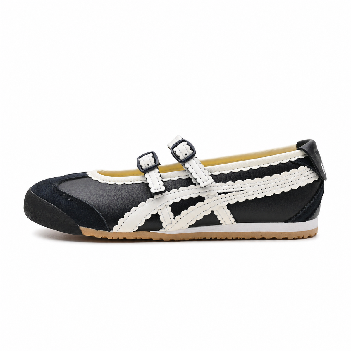 Onitsuka Tiger Mexico 66 Mary Jane | Black/White Scalloped Straps + Suede Leather + Gum Sole, Women's Balletcore Retro Sneakers, Unique Slip-On Design