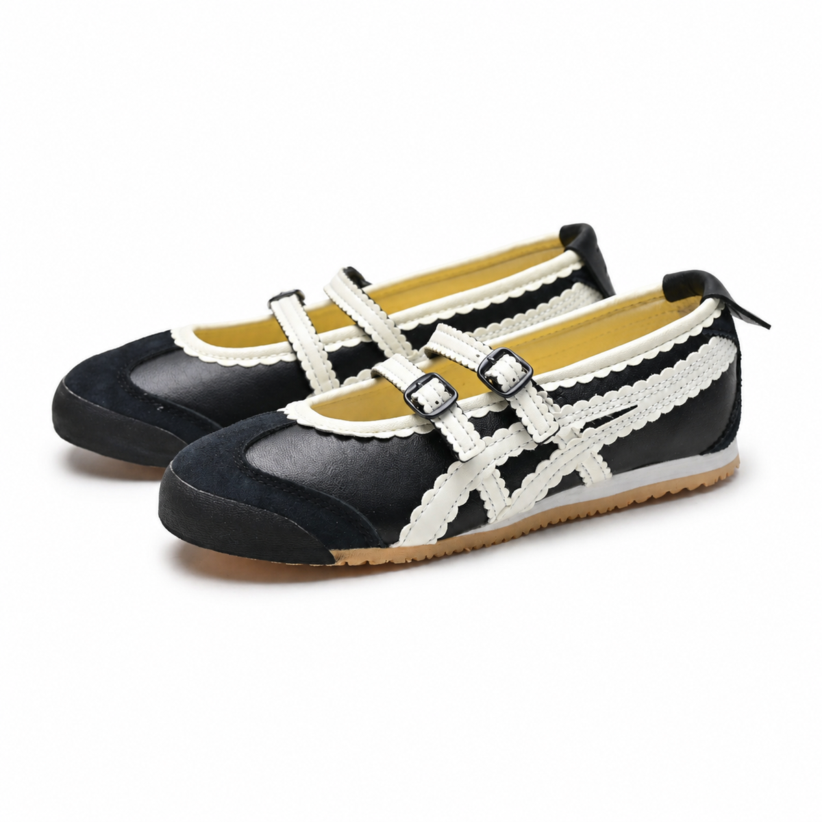 Onitsuka Tiger Mexico 66 Mary Jane | Black/White Scalloped Straps + Suede Leather + Gum Sole, Women's Balletcore Retro Sneakers, Unique Slip-On Design