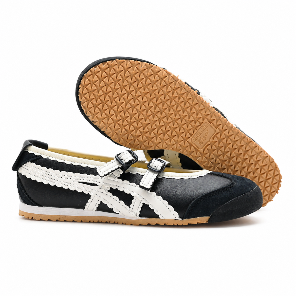 Onitsuka Tiger Mexico 66 Mary Jane | Black/White Scalloped Straps + Suede Leather + Gum Sole, Women's Balletcore Retro Sneakers, Unique Slip-On Design