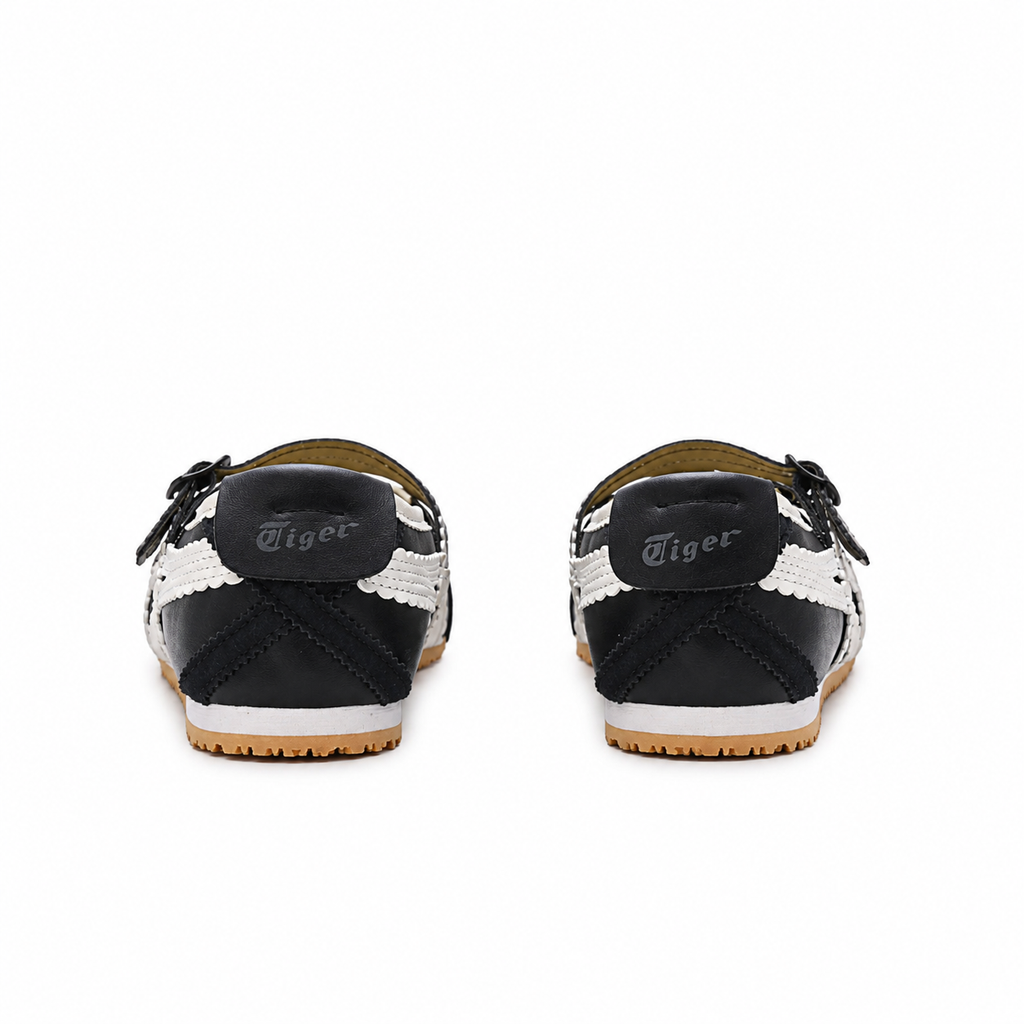 Onitsuka Tiger Mexico 66 Mary Jane | Black/White Scalloped Straps + Suede Leather + Gum Sole, Women's Balletcore Retro Sneakers, Unique Slip-On Design