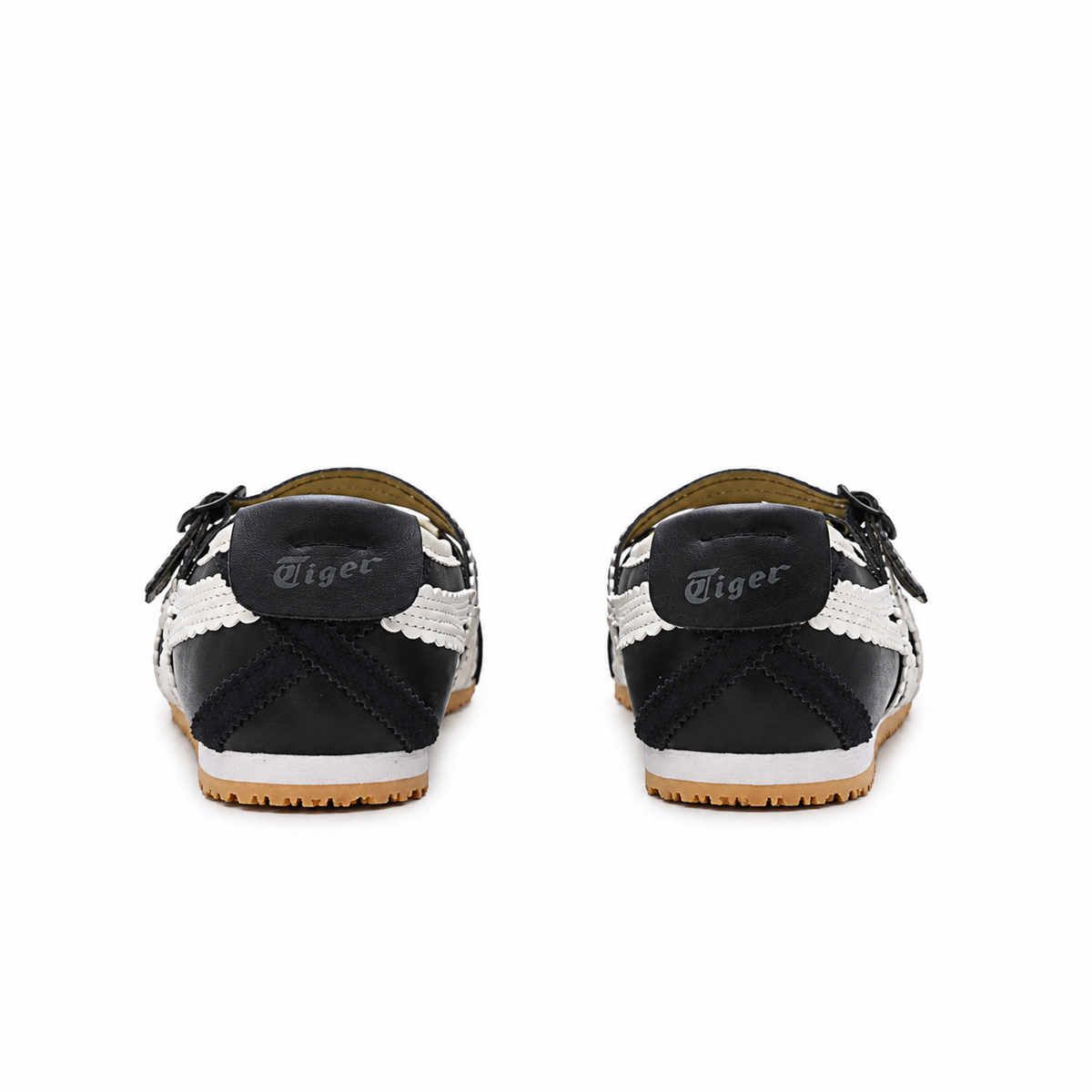 Onitsuka Tiger Mexico 66 Mary Jane | Black/White Scalloped Straps + Suede Leather + Gum Sole, Women's Balletcore Retro Sneakers, Unique Slip-On Design