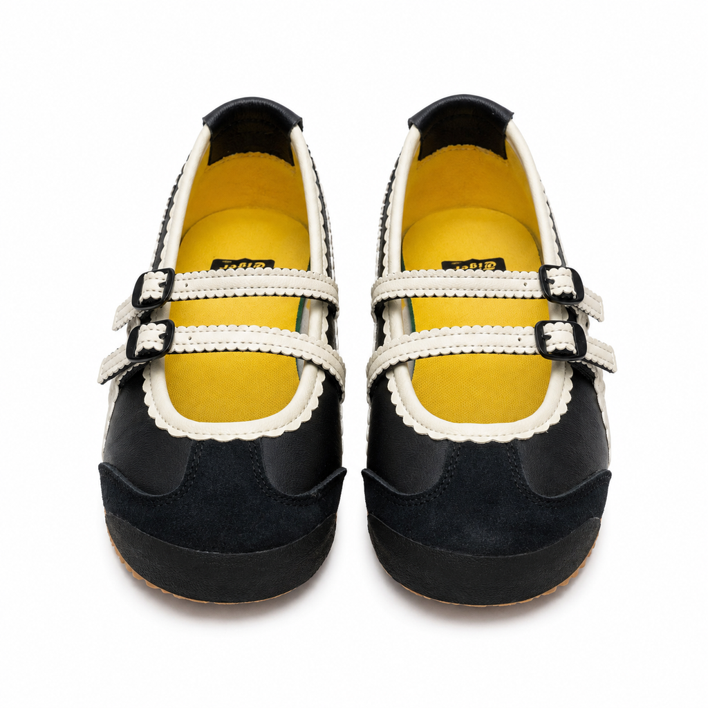 Onitsuka Tiger Mexico 66 Mary Jane | Black/White Scalloped Straps + Suede Leather + Gum Sole, Women's Balletcore Retro Sneakers, Unique Slip-On Design