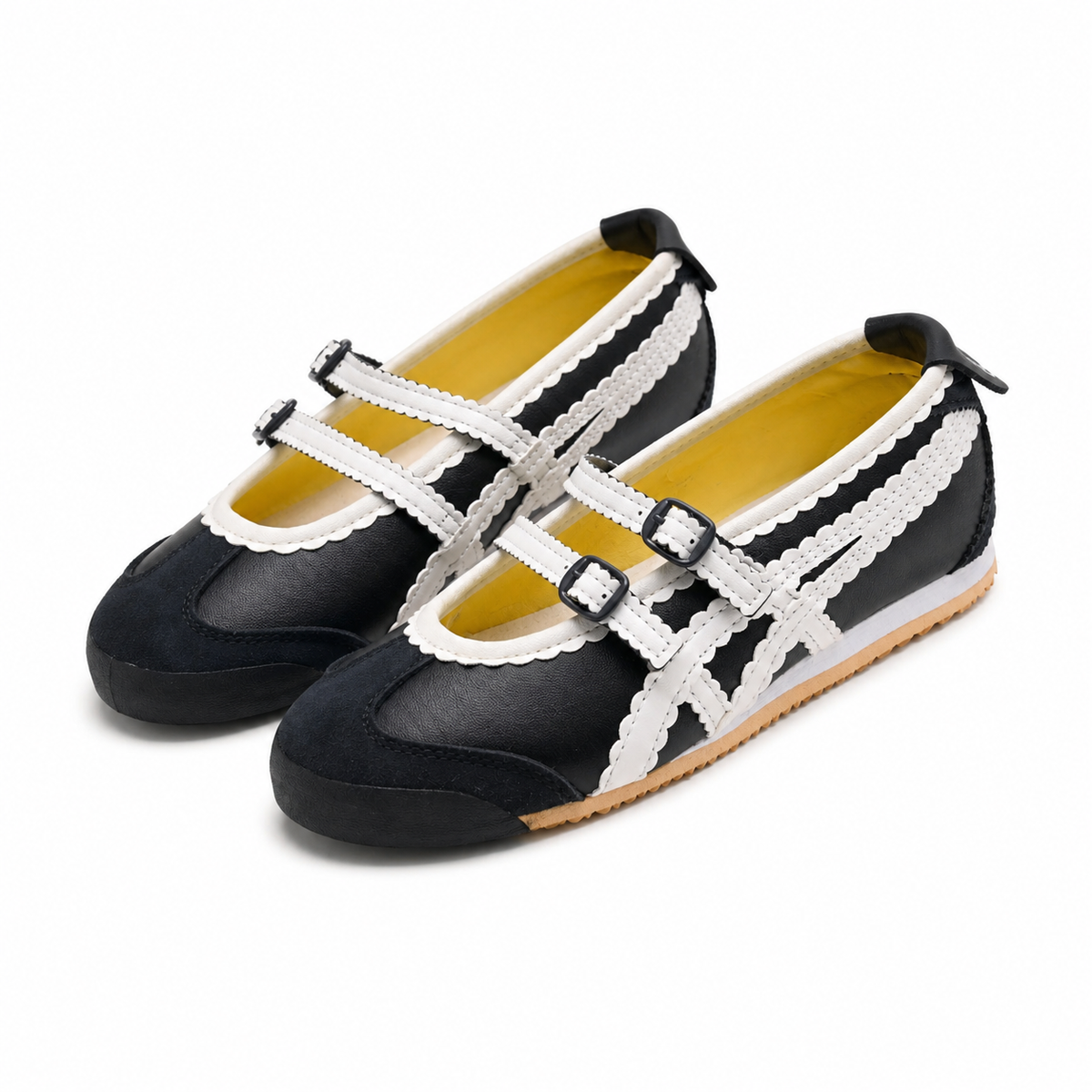 Onitsuka Tiger Mexico 66 Mary Jane | Black/White Scalloped Straps + Suede Leather + Gum Sole, Women's Balletcore Retro Sneakers, Unique Slip-On Design