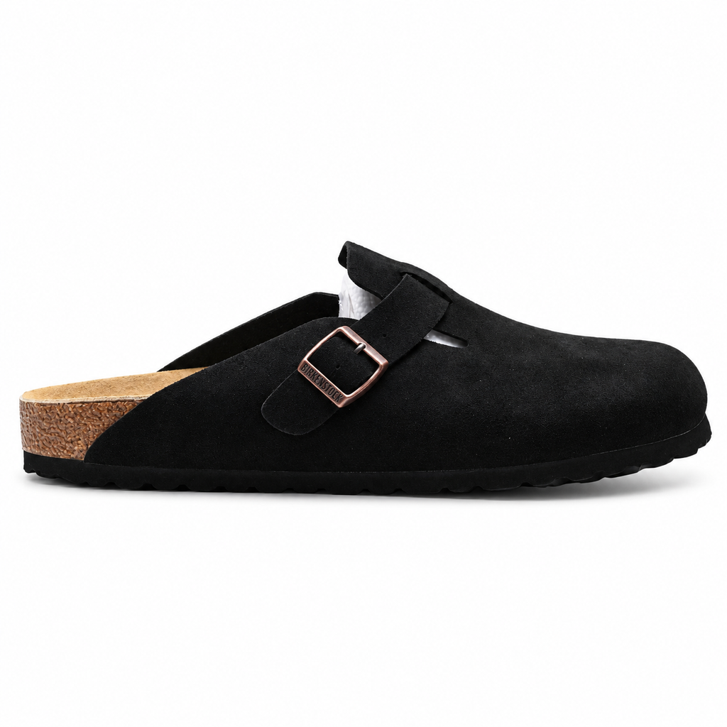 Birkenstock Boston Suede Clogs Black | Unisex Adjustable Slip-On Mules | Cork Footbed Casual Shoes
