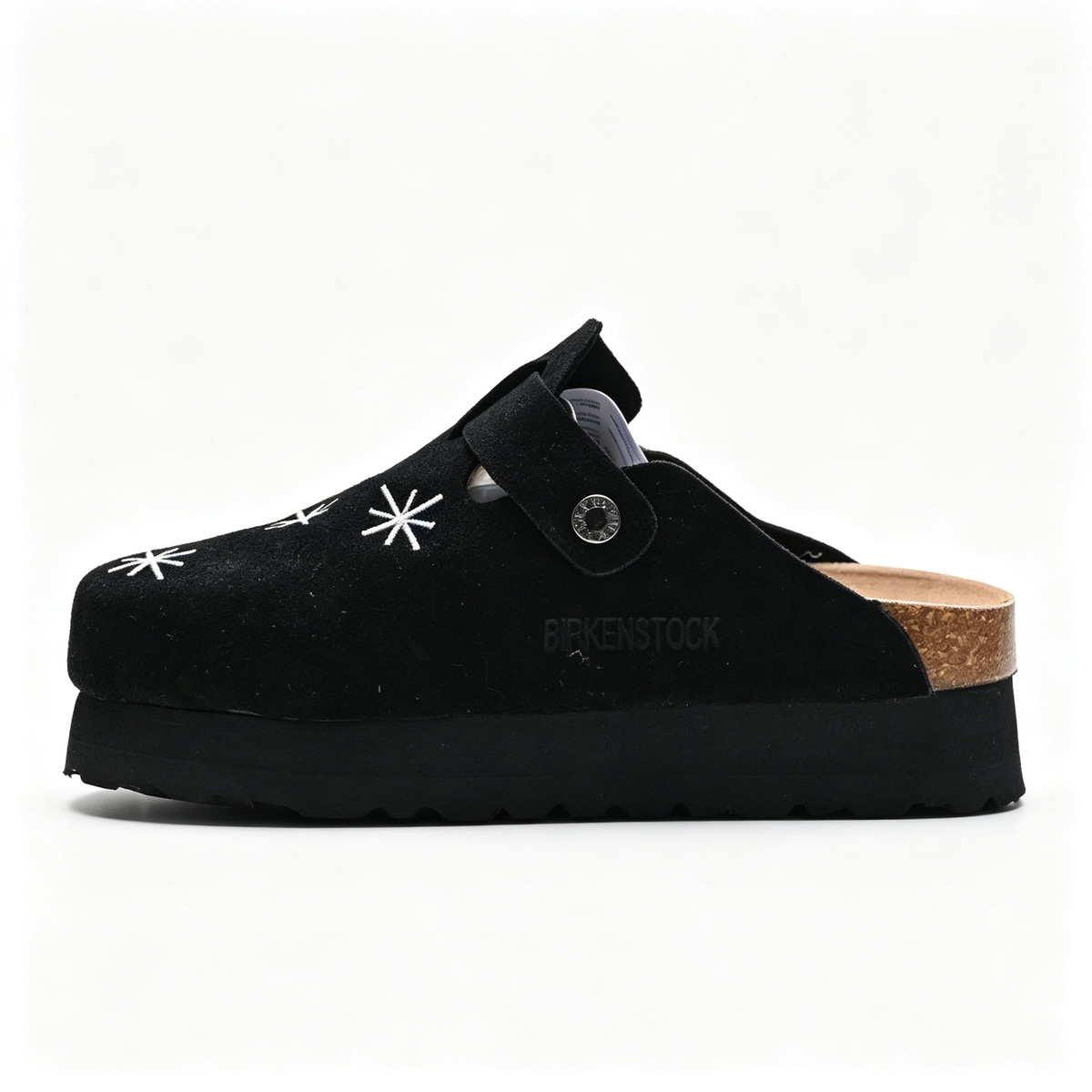 Birkenstock Boston Platform | Black Suede + White Starburst Embroidery + Chunky Sole, Unisex Trendy Clogs, Gothic & Streetwear Style Slip-Ons