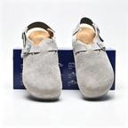 Birkenstock Boston Suede Clogs | Stone Grey + Tonal Grey Sole + Adjustable Strap, Unisex Minimalist Slip-On Shoes, Soft Footbed & Urban Comfort