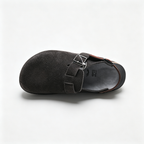 Birkenstock Boston Suede Clogs | Anthracite Grey + Brown Leather Strap + Textured Grip Sole, Unisex Retro Slip-On Shoes, Premium Comfort & Urban Style