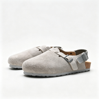 Birkenstock Boston Suede Clogs | Stone Grey + Tonal Grey Sole + Adjustable Strap, Unisex Minimalist Slip-On Shoes, Soft Footbed & Urban Comfort